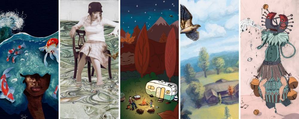 Blog header image including five different images in the GVSU Art Museum collection that feature storytelling through digital mediums.